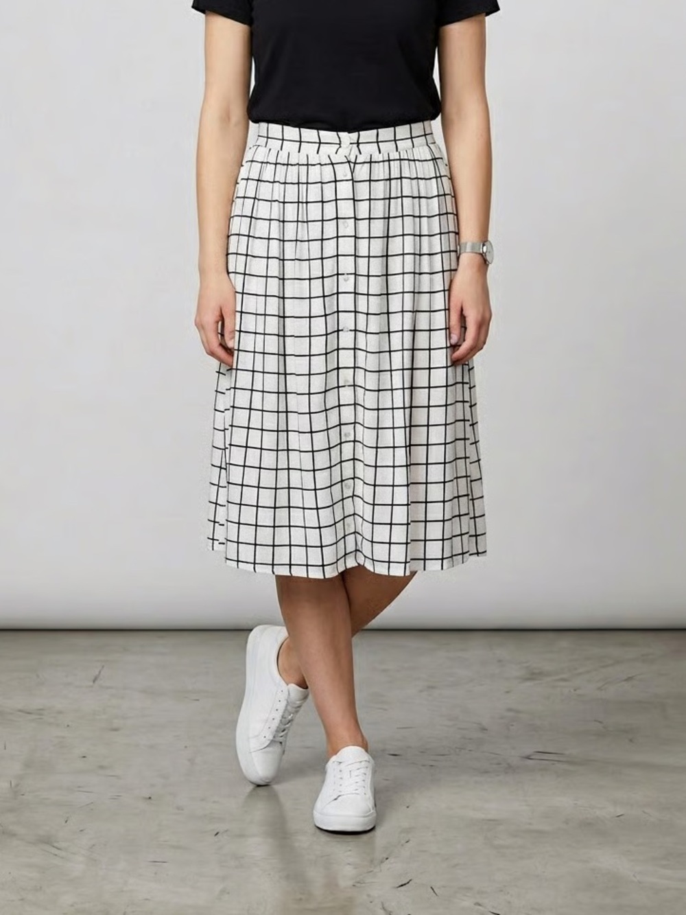 FOREVER 21 | White Windowpane Plaid Midi Skirt with Button Front Sz XL
